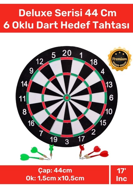 Deluxe Seri Kaliteli 17' Her Yaş Için Iç Dış 44 cm Kız Erkek Çocuk 6 Ok Dart Ahşap Hedef Tahtası