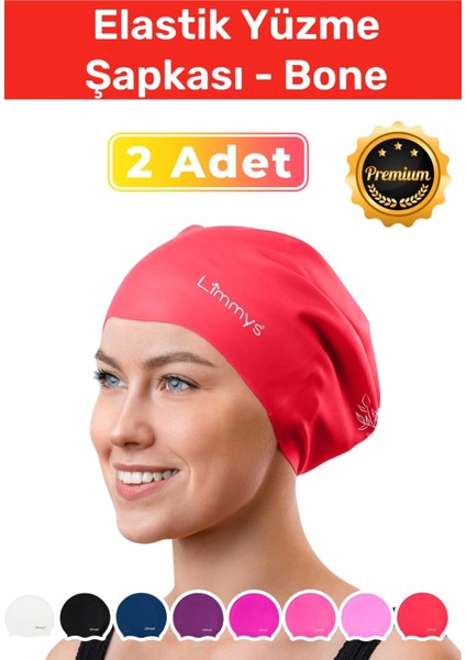 Premium Seri Su Geçirmez Silikon Yüzücü Havuz Deniz Bonesi Elastik Yüzme Şapkası 2'li Set
