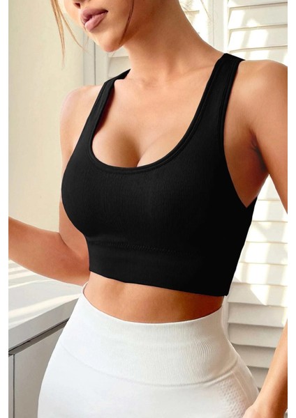 Kadın Siyah Sırtı Çapraz Lastik Detaylı Crop Top Bluz