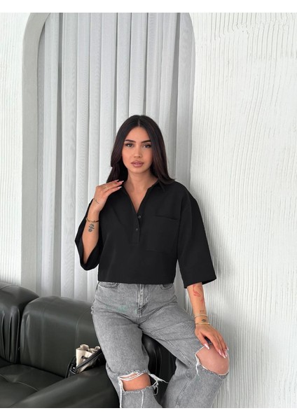 Crop Yakalı Gömlek Üç Çeyrek Sleeve Kol - Siyah