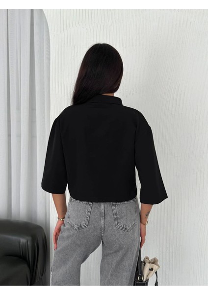 Crop Yakalı Gömlek Üç Çeyrek Sleeve Kol - Siyah