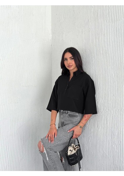 Crop Yakalı Gömlek Üç Çeyrek Sleeve Kol - Siyah
