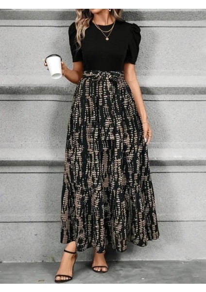 Kadın Kısa Kollu Bisiklet Yaka Üst Ithal Krep Alt Süprem Maksi Boy Elbise indirimleri