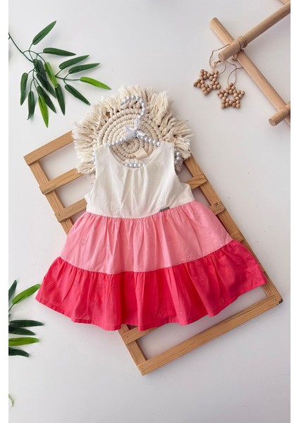 Renk Geçişli Brode Detaylı Kolsuz Kız çocuk elbise - Nar Çiçeği