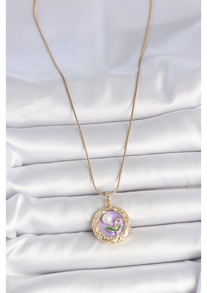 316L Çelik Gold Renk Zincir Mor Çiçek Işlemeli Inci Detay Potre Model Kadın Kolye fiyatları
