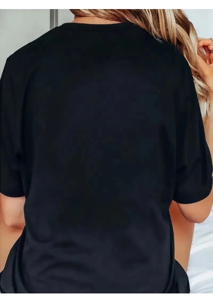 Baskılı Oversize Bisiklet Yaka T-Shirt - Siyah
