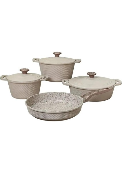 Triana - 3537 - 9 Parça Biogranit, Döküm, Tencere , Tava, Çeyiz Seti - Krem Renk