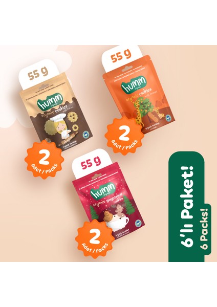 Organik Vegan Zencefilli Tahinli ve Portakallı Tatlı Kurabiyeler Atıştırmalık Paketi - 6 Adet (3 Çeşit)