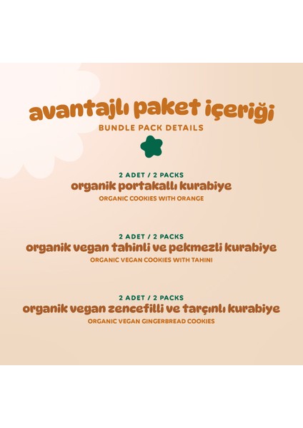 Organik Vegan Zencefilli Tahinli ve Portakallı Tatlı Kurabiyeler Atıştırmalık Paketi - 6 Adet (3 Çeşit)