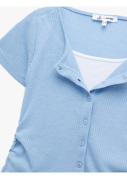 Viskon Karışımlı Düğmeli Slim Fit Kısa Kollu Bisiklet Yaka Triko Hırka