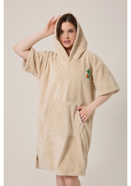 Palmiye Sörf Nakışlı Yetişkin Sörf Yazlık Panço Kapüşonlu Plaj Havlusu Bej