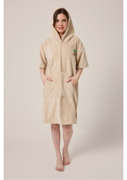 Palmiye Sörf Nakışlı Yetişkin Sörf Yazlık Panço Kapüşonlu Plaj Havlusu Bej modelleri