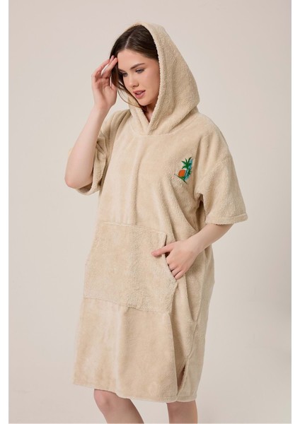 Palmiye Sörf Nakışlı Yetişkin Sörf Yazlık Panço Kapüşonlu Plaj Havlusu Bej fırsatları