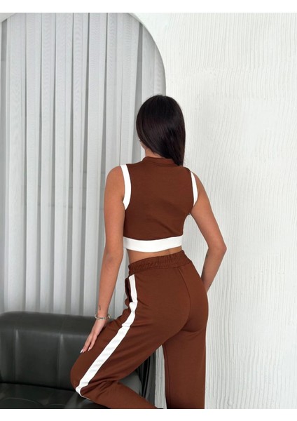 Osy Modal Yumuşak Dokulu Kumaş Tam Fermuarlı Crop Pantalon Ikili Takım - Kahverengi