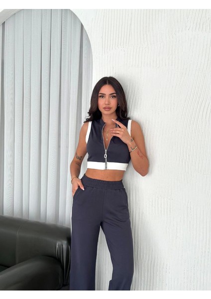 Osy Modal Yumuşak Dokulu Kumaş Tam Fermuarlı Crop Pantalon Ikili Takım - Antrasit