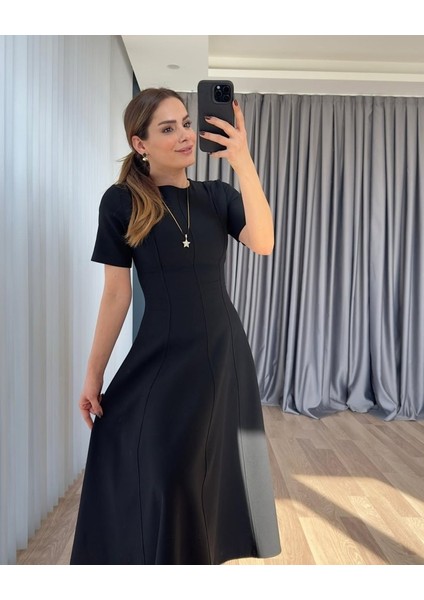Aknbutik Kadın Kısa Kollu Bisiklet Yaka Maksi Boy Ithal Krep Elbise