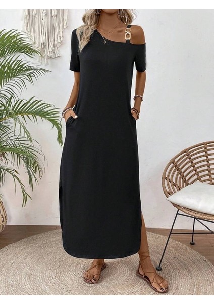 Kadın Tek Omuzdan Açık Toka Detaylı Yandan Yırtmaçlı Maksi Boy Viskon Elbise fırsatları