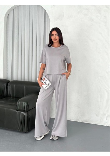 Osy Modal Yumuşak Dokulu Kumaş Bisiklet Yaka T-Shirt Bol Paça Pantalon Ikili Takım - Boyalı Gri