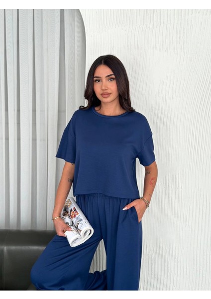 Osy Modal Yumuşak Dokulu Kumaş Bisiklet Yaka T-Shirt Bol Paça Pantalon Ikili Takım -Saks Mavi