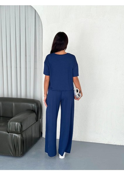 Osy Modal Yumuşak Dokulu Kumaş Bisiklet Yaka T-Shirt Bol Paça Pantalon Ikili Takım -Saks Mavi