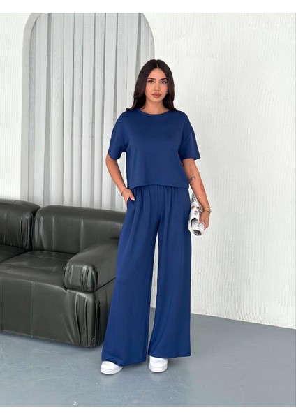 Osy Modal Yumuşak Dokulu Kumaş Bisiklet Yaka T-Shirt Bol Paça Pantalon Ikili Takım -Saks Mavi