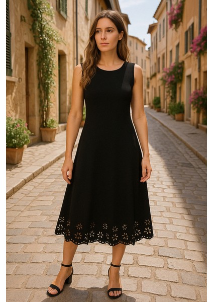 Kadın Kolsuz Etek Ucu Lazer Kesim Çiçek Desenli Midi Boy Ithal Krep Elbise