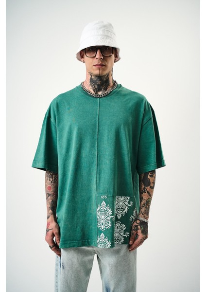 Erkek Paisley Baskılı Yıkamalı Oversize T-Shirt Yeşil fiyatları