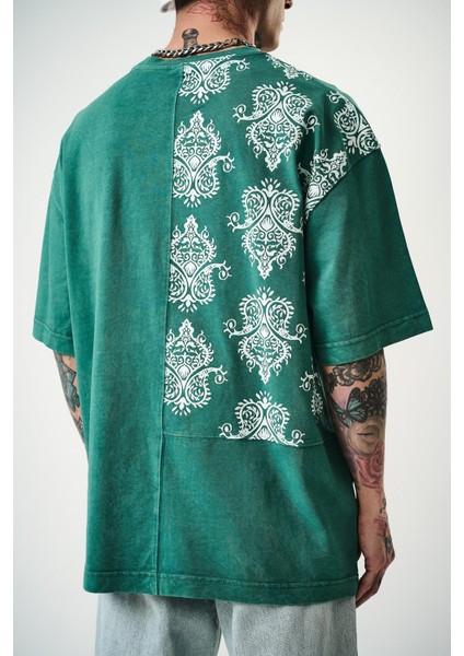 Erkek Paisley Baskılı Yıkamalı Oversize T-Shirt Yeşil fırsatları