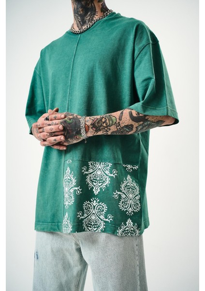 Erkek Paisley Baskılı Yıkamalı Oversize T-Shirt Yeşil indirimleri