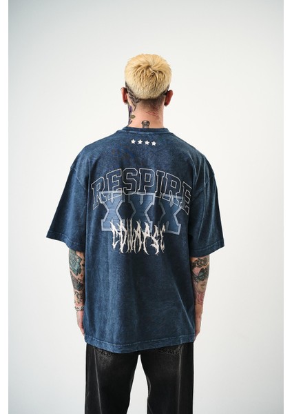 Erkek Respire Baskılı Yıkamalı Oversize T-Shirt Indigo