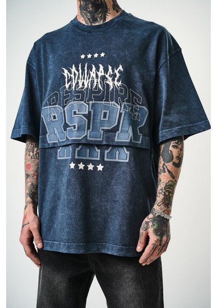 Erkek Respire Baskılı Yıkamalı Oversize T-Shirt Indigo indirimleri