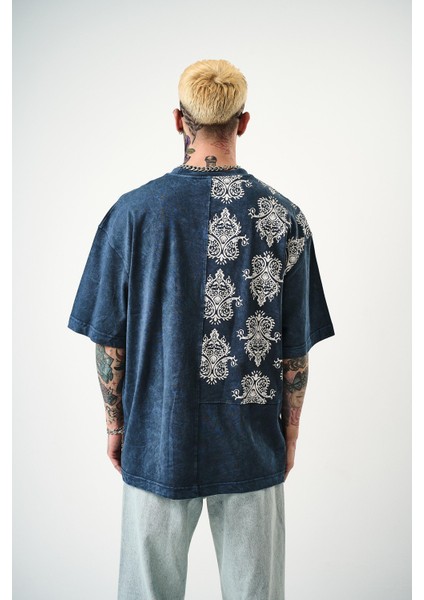 Erkek Paisley Baskılı Yıkamalı Oversize T-Shirt Indigo
