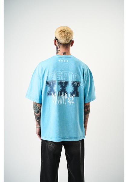 Erkek Respire Baskılı Yıkamalı Oversize T-Shirt Mavi