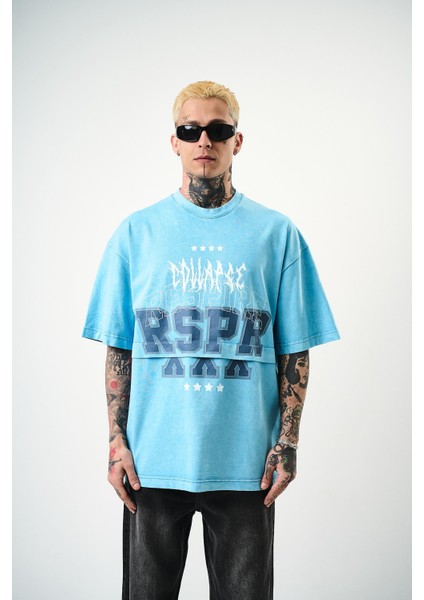 Erkek Respire Baskılı Yıkamalı Oversize T-Shirt Mavi fiyatları