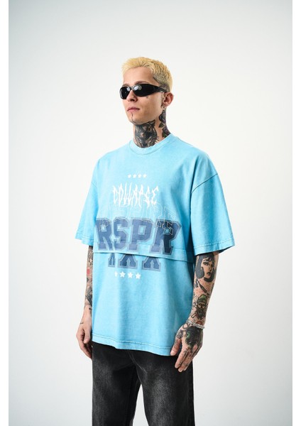 Erkek Respire Baskılı Yıkamalı Oversize T-Shirt Mavi modelleri