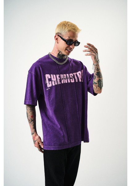 Erkek Chemistry Baskılı Yıkamalı Oversize T-Shirt Mor fiyatları