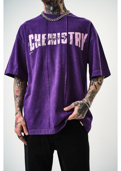 Erkek Chemistry Baskılı Yıkamalı Oversize T-Shirt Mor indirimleri