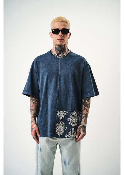 Erkek Paisley Baskılı Yıkamalı Oversize T-Shirt Indigo fiyatları