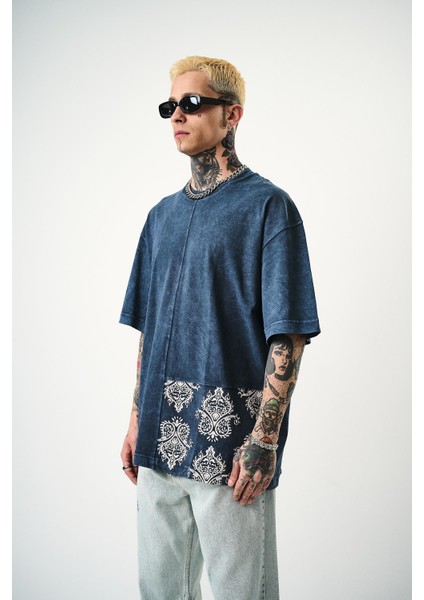 Erkek Paisley Baskılı Yıkamalı Oversize T-Shirt Indigo modelleri