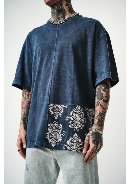 Erkek Paisley Baskılı Yıkamalı Oversize T-Shirt Indigo indirimleri