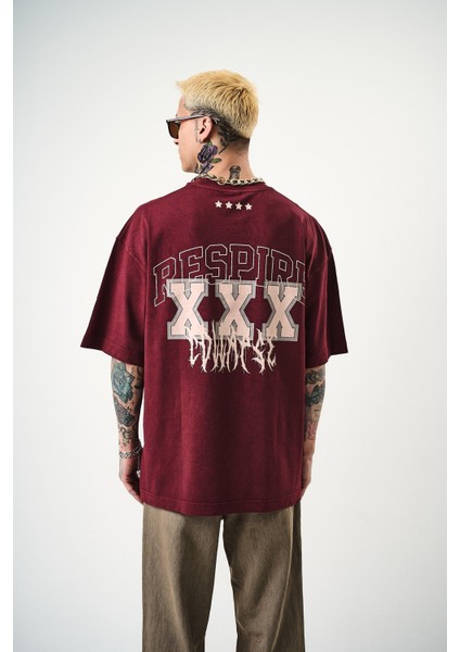 Erkek Respire Baskılı Yıkamalı Oversize T-Shirt Bordo