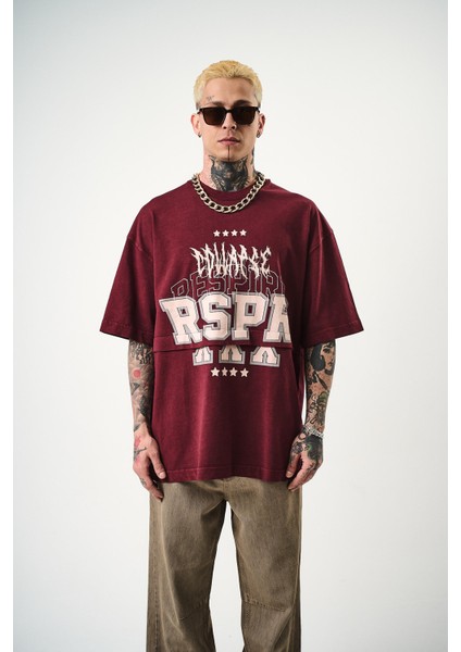 Erkek Respire Baskılı Yıkamalı Oversize T-Shirt Bordo fiyatları