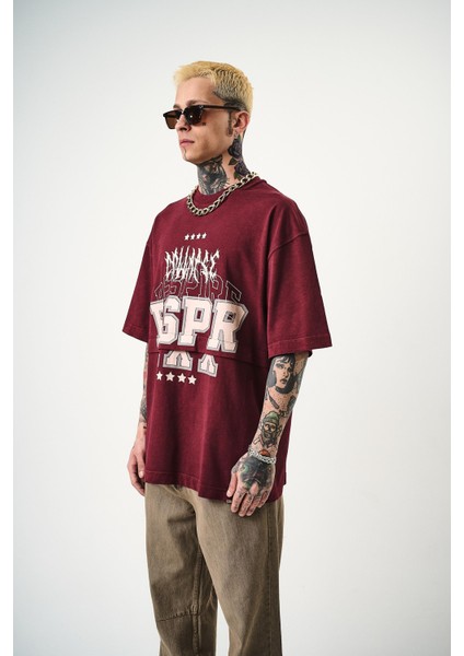Erkek Respire Baskılı Yıkamalı Oversize T-Shirt Bordo modelleri