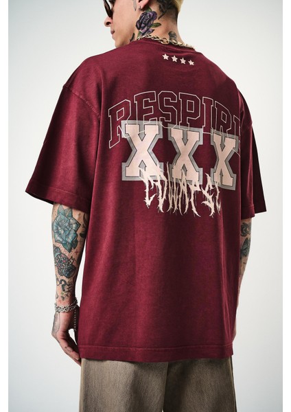 Erkek Respire Baskılı Yıkamalı Oversize T-Shirt Bordo fırsatları