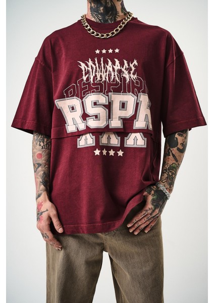 Erkek Respire Baskılı Yıkamalı Oversize T-Shirt Bordo indirimleri