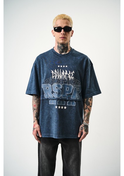 Erkek Respire Baskılı Yıkamalı Oversize T-Shirt Indigo fiyatları