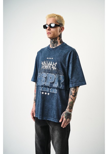 Erkek Respire Baskılı Yıkamalı Oversize T-Shirt Indigo modelleri