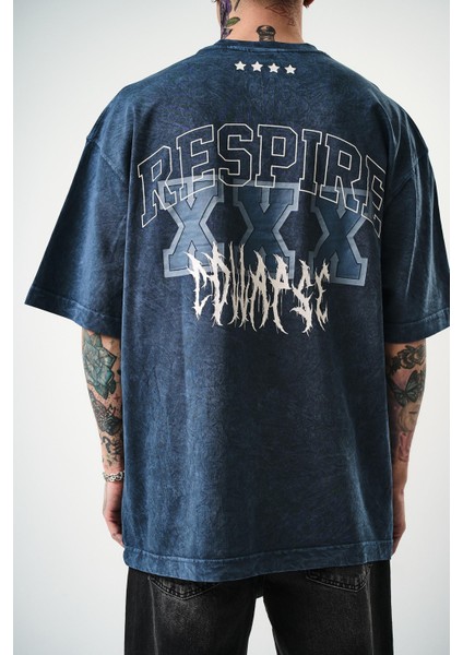 Erkek Respire Baskılı Yıkamalı Oversize T-Shirt Indigo fırsatları