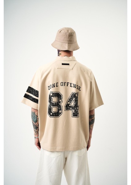 Erkek 84 Zone Baskılı Oversize T-Shirt Bej