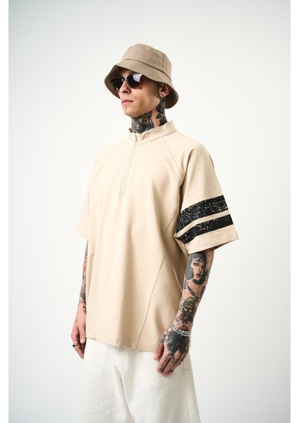 Erkek 84 Zone Baskılı Oversize T-Shirt Bej modelleri
